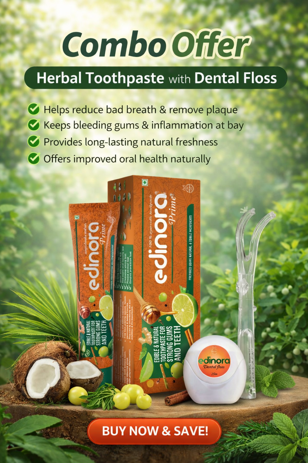 EDINORA PRIME 45.GM PACK 2 + Dental Floss | For interdental cleaning and improved mouth health