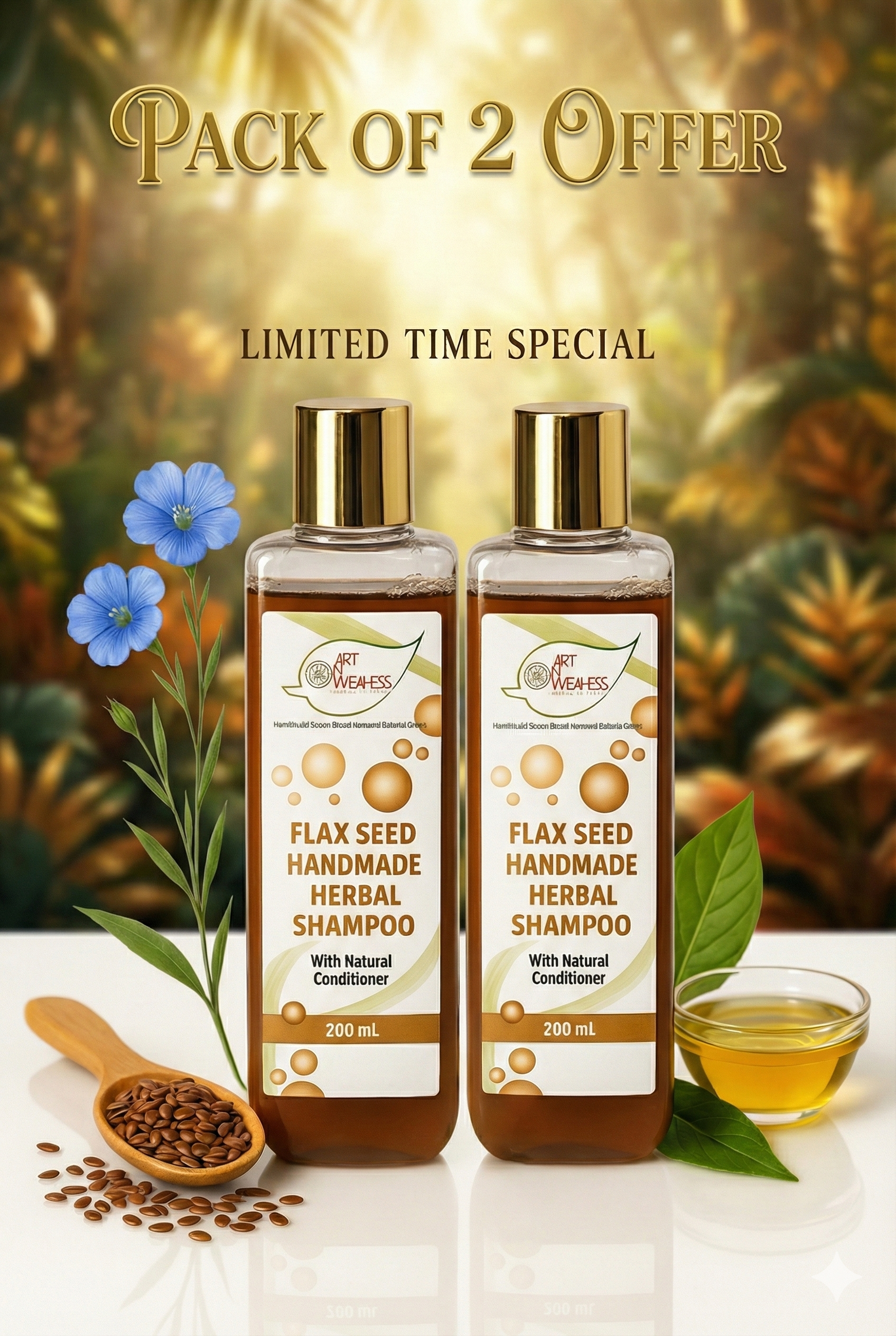 A N W AYURVEDIC HERBAL FLAX SEED GEL EXTRACT SHAMPOO SLES BASED( 200.ML ) PACK 2