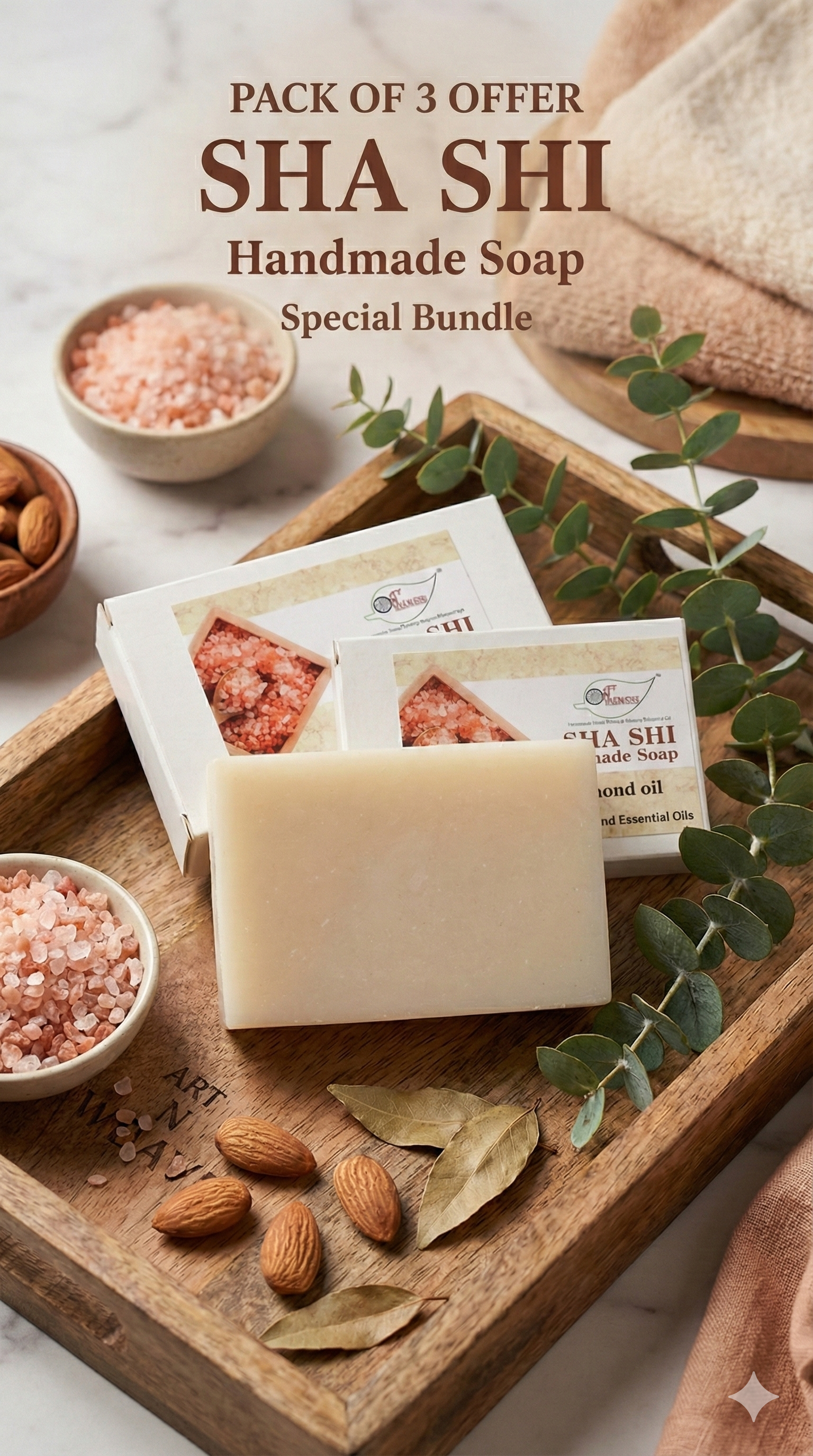 A N W (NON TPT) GLYCERIN ALMOND OIL AND ESSENTIAL OIL SOAP. ( 100.GM ) PACK 3