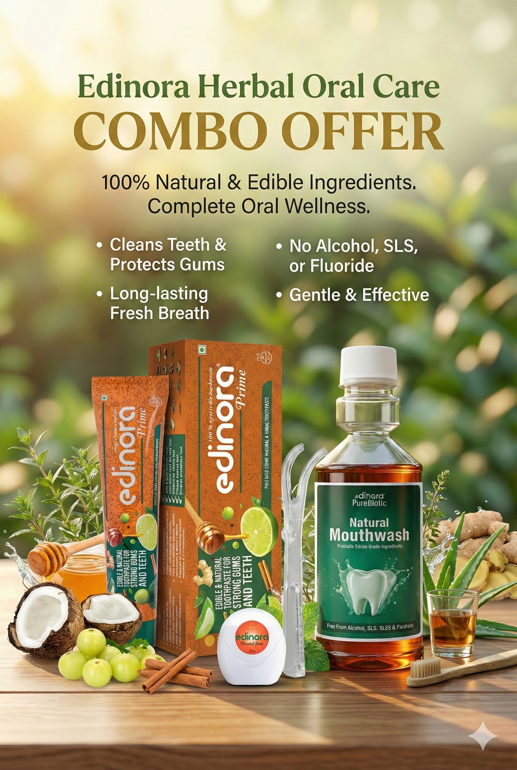 EDINORA PRIME 90.GM PACK 2 + Dental Floss | For interdental cleaning and improved mouth health + EDINORA Pure Biotic Natural  Mouthwash (200.ml)