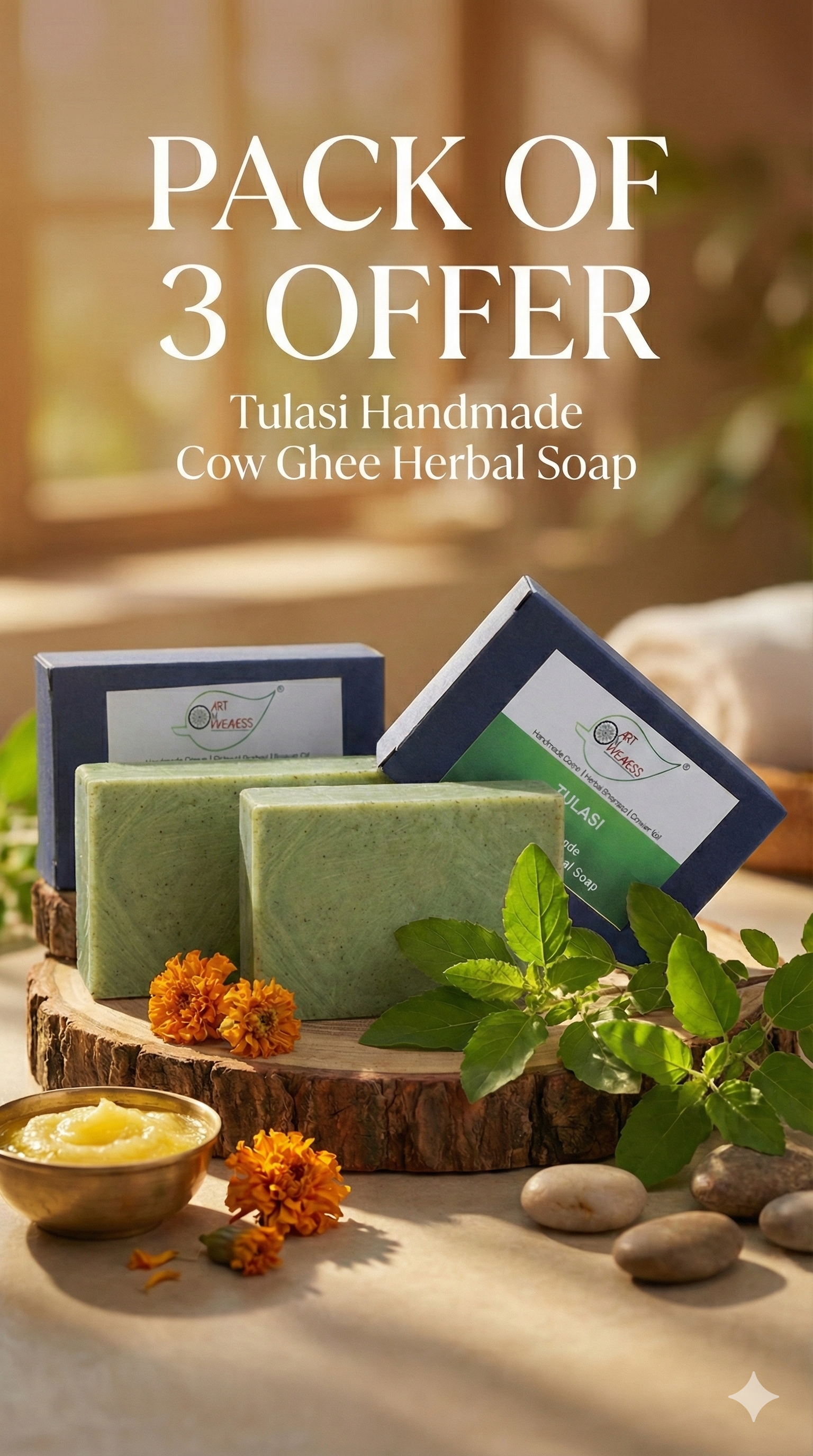 A N W Tulasi Cow Ghee Herbal Soap (100.GM) PACK 3