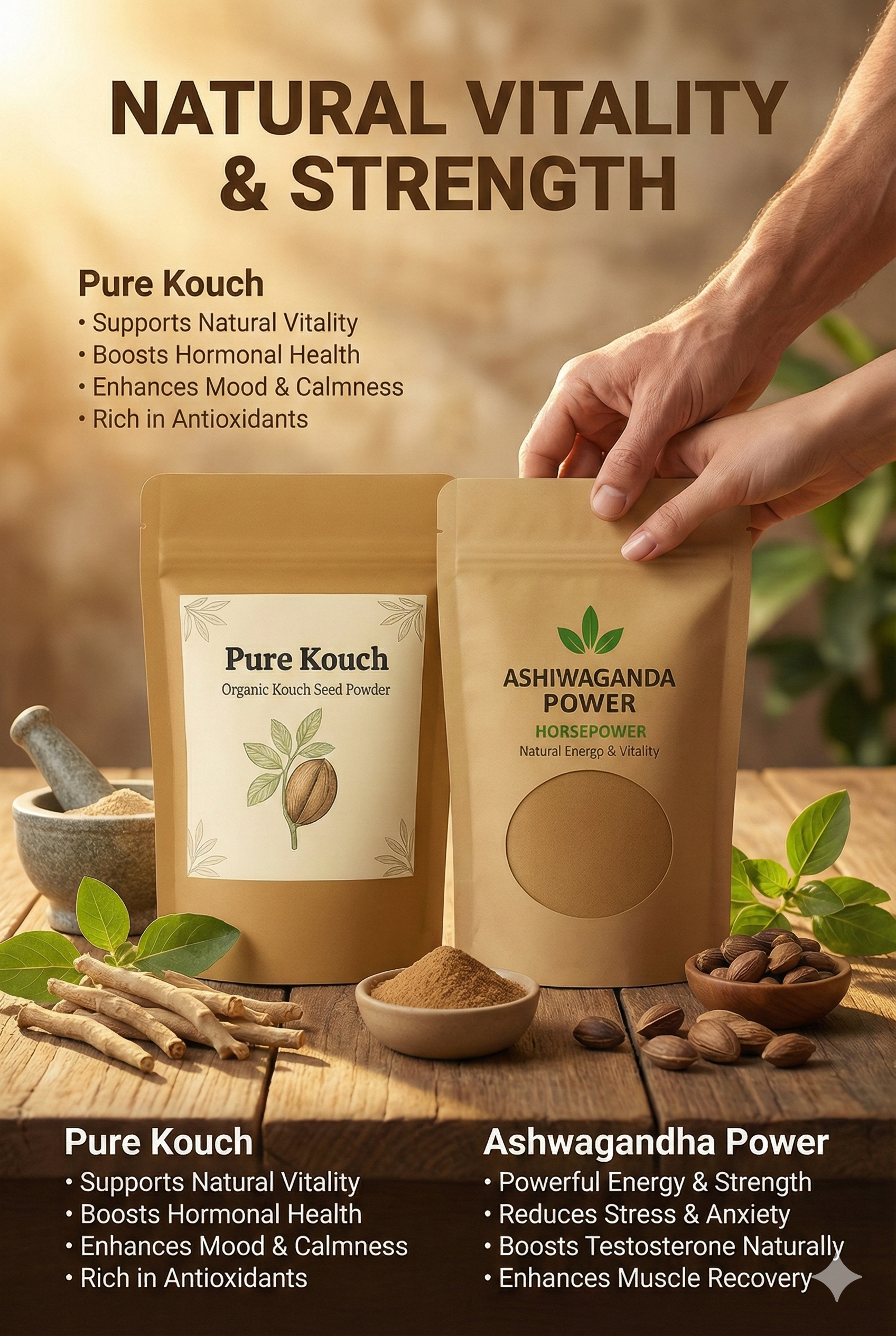 ASHWAGANDHA POWDER. (100.GM) + MUCANA PRURIENS POWDER. (100. GM)