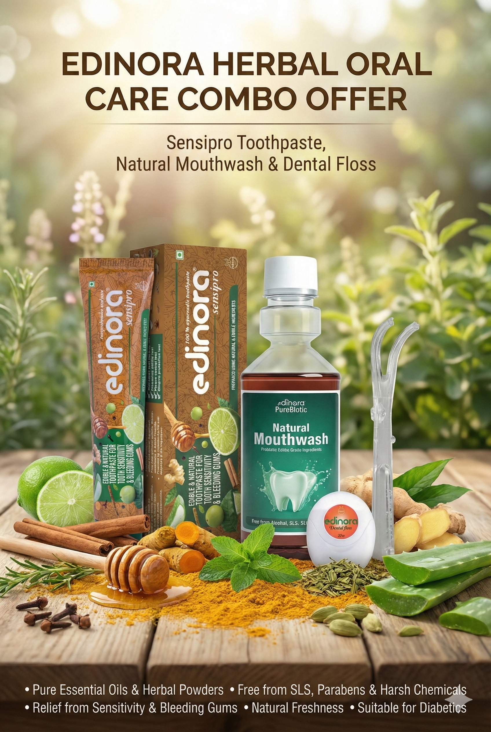 EDINORA SENSIPRO 90.GM + Dental Floss and sturdy Floss holder for better grip and controlled flossing+ EDINORA Pure Biotic Natural  Mouthwash (200.ml)