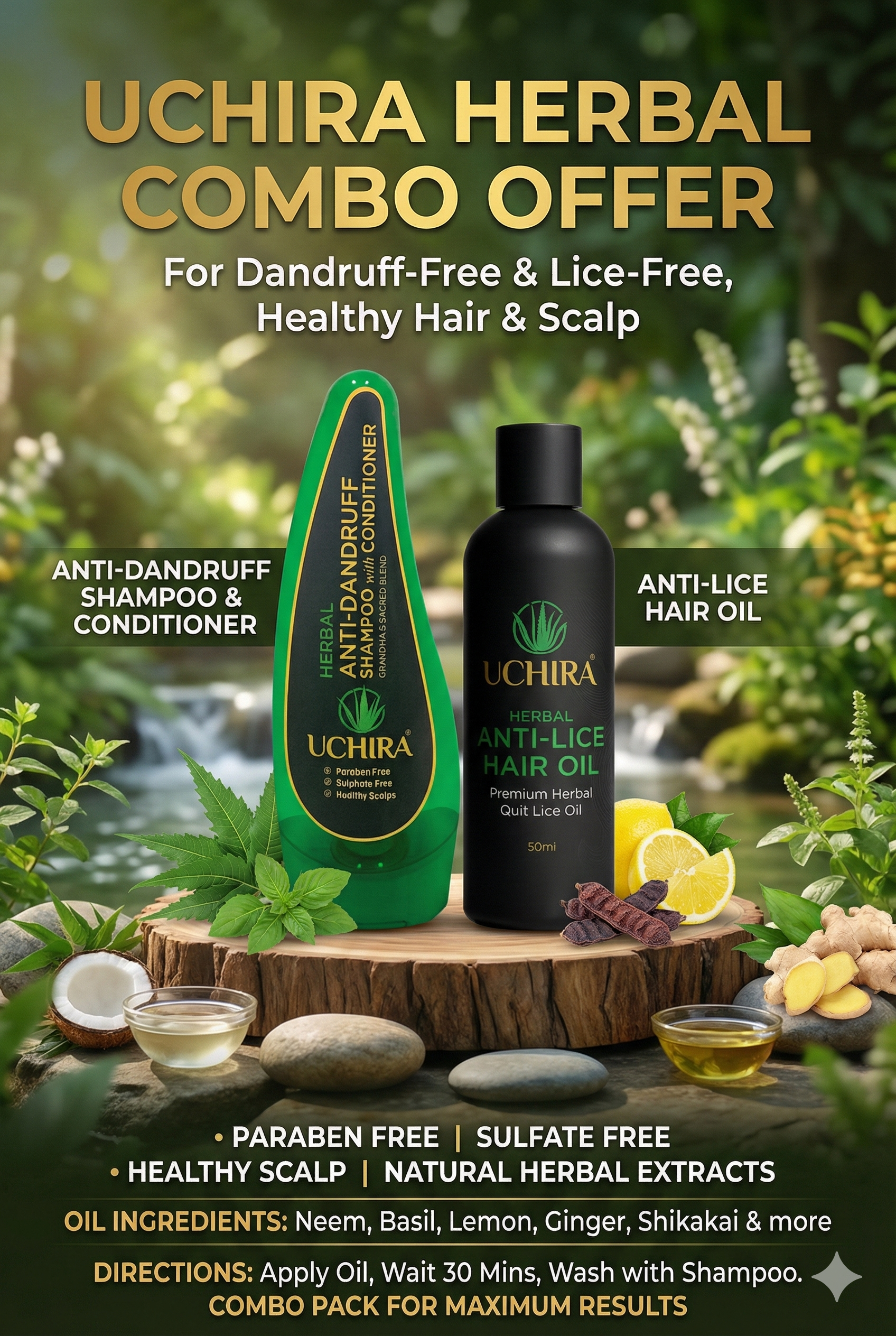 UCHIRA HERBAL ANTI-LICE HAIR OIL ( 50. ML ) + UCHIRA HERBAL ANTI-DANDRUFF SHAMPOO WITH CONDITIONER. ( 150. ML ) COMBO OFFER.