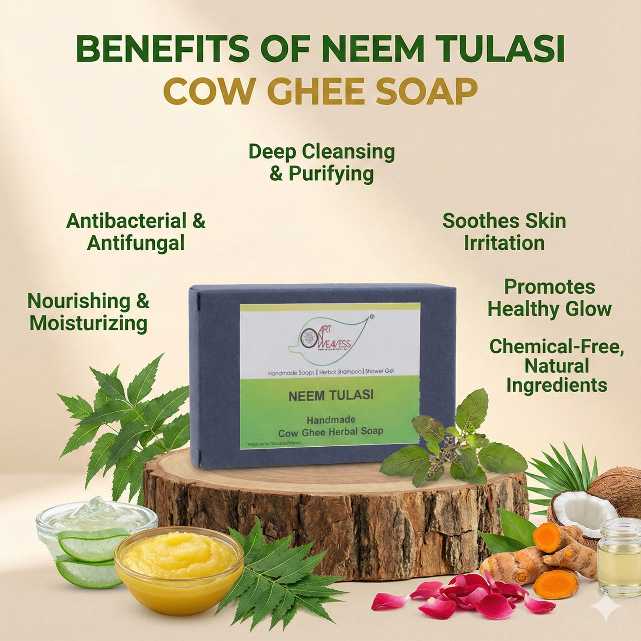 A N W Neem Tulasi Cow Ghee Herbal Soap (100.GM) PACK 3