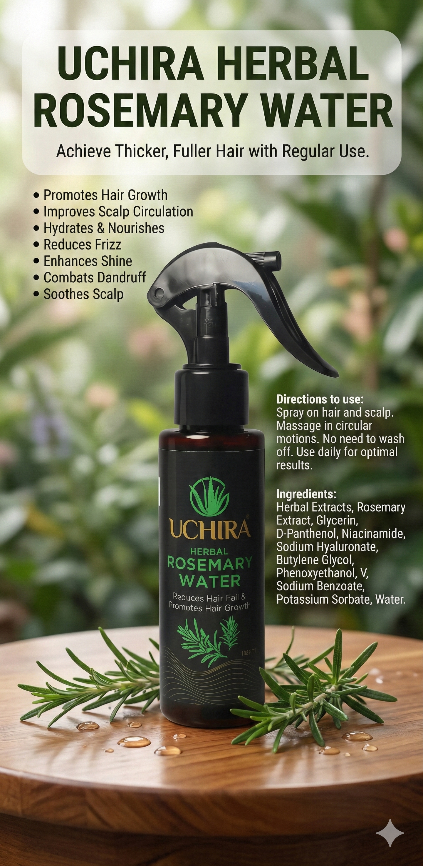 UCHIRA Herbal Hair Oil + ROSE MARY WATER. HAIR GROW PACK