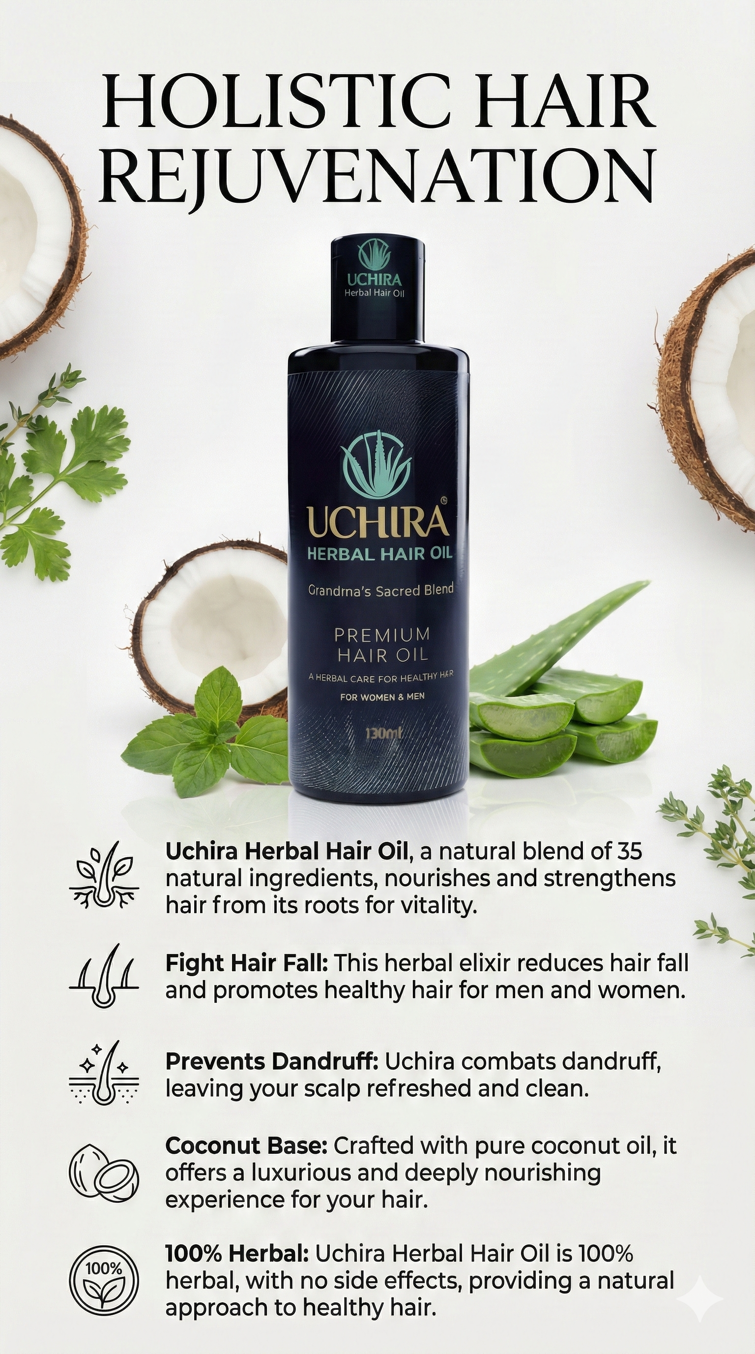 UCHIRA Herbal Hair Oil + ROSE MARY WATER. HAIR GROW PACK