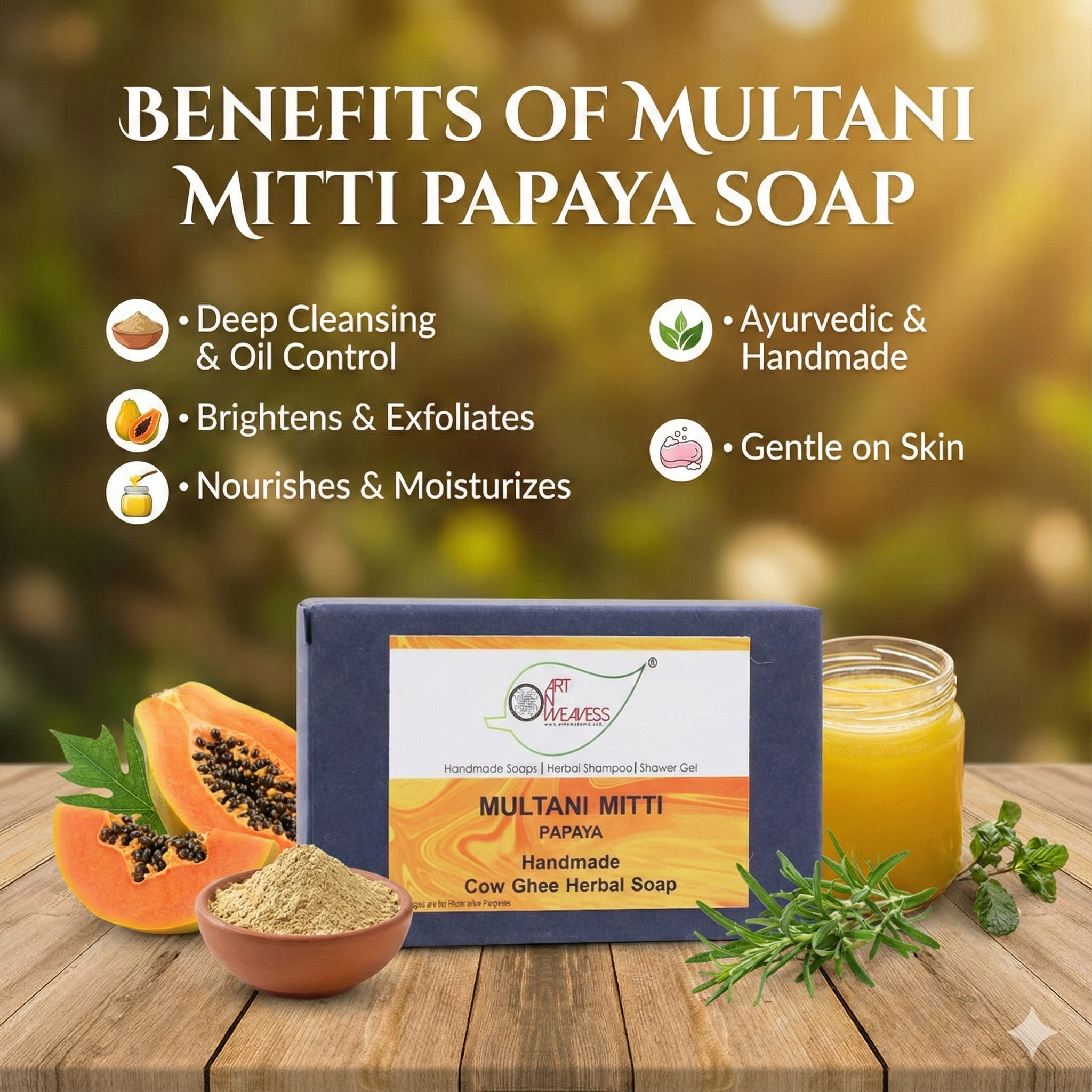 A N W Multani Mitti Papaya Cow Ghee Herbal Soap (100.GM) PACK 3