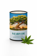 Candle with Kalarivedic branding and a cannabis leaf on a white background
