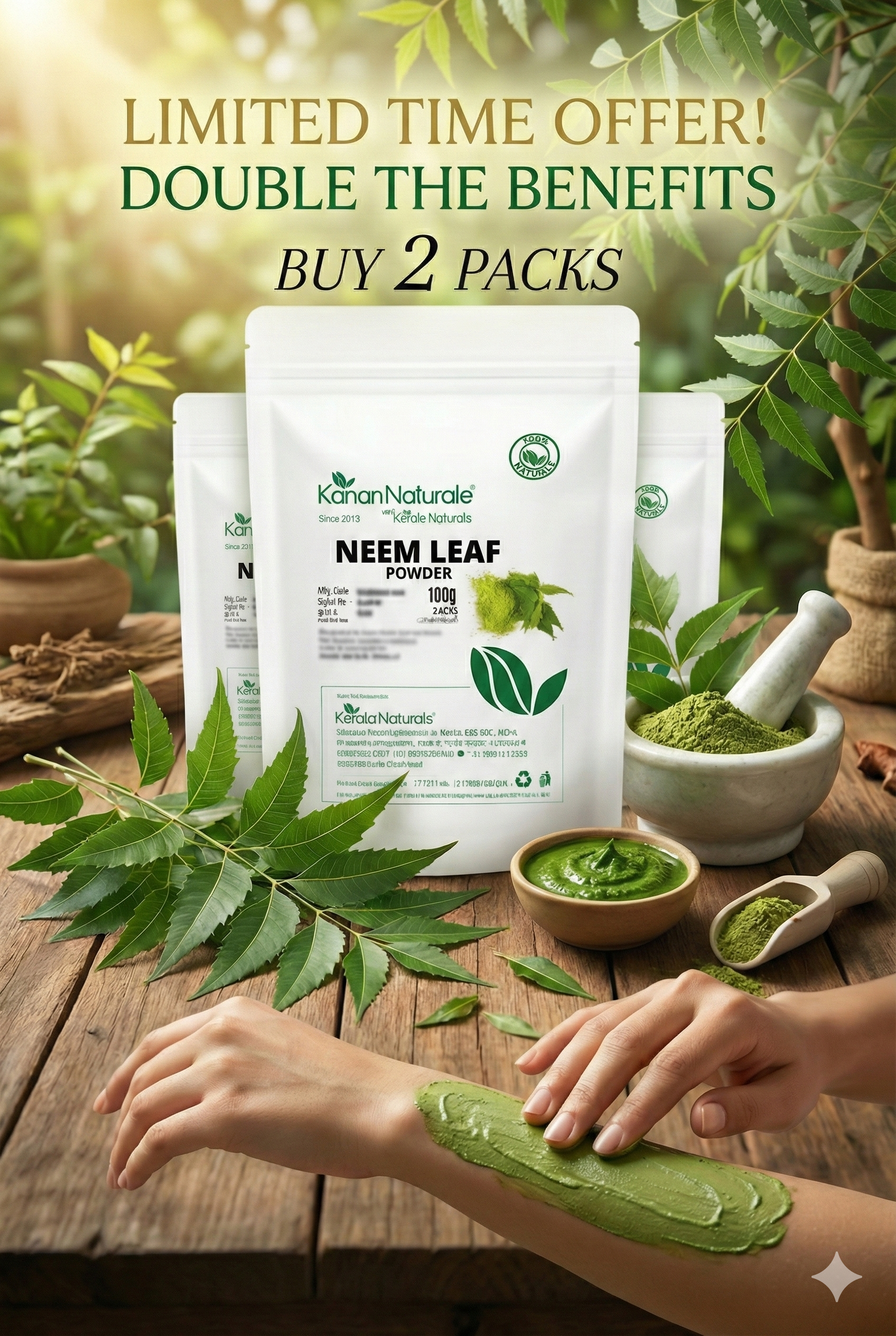 Kanan Naturals Neem Leaf Powder packaging with neem leaves and powder on a wooden table, surrounded by greenery.