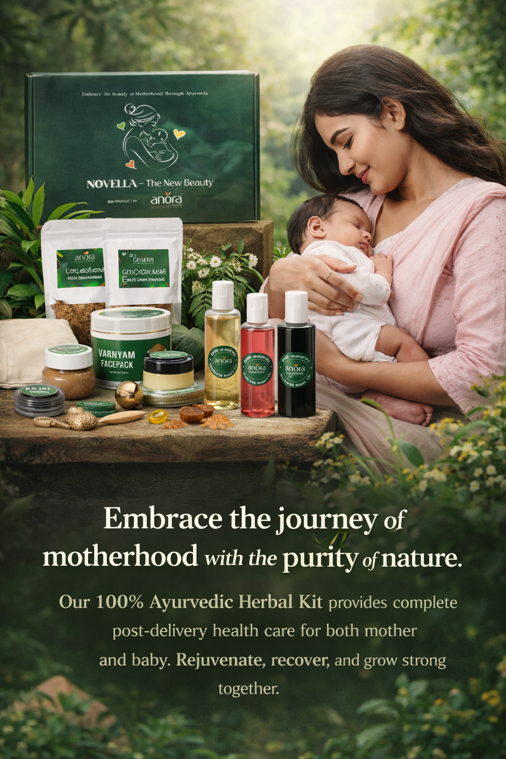 Woman holding a baby with Novella Ayurvedic products on a wooden table, surrounded by nature.